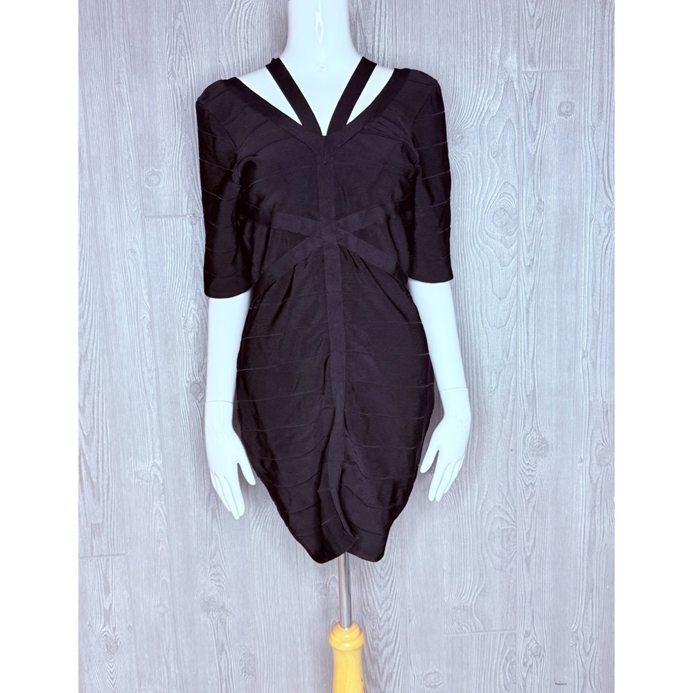 Venus black body con bando dress with strap detail shirt sleeve large zip back